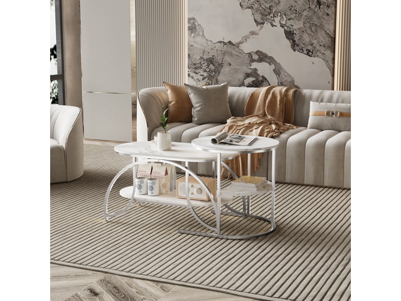  Table basse gigogne 8052cm blanc et argent - design moderne avec plateau effet marbre et double étagère de rangement  - Conforama D
