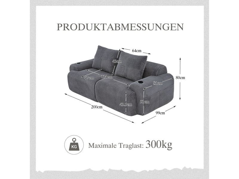  Canapé droit fixe 2 places tissu gris foncé  - Conforama C