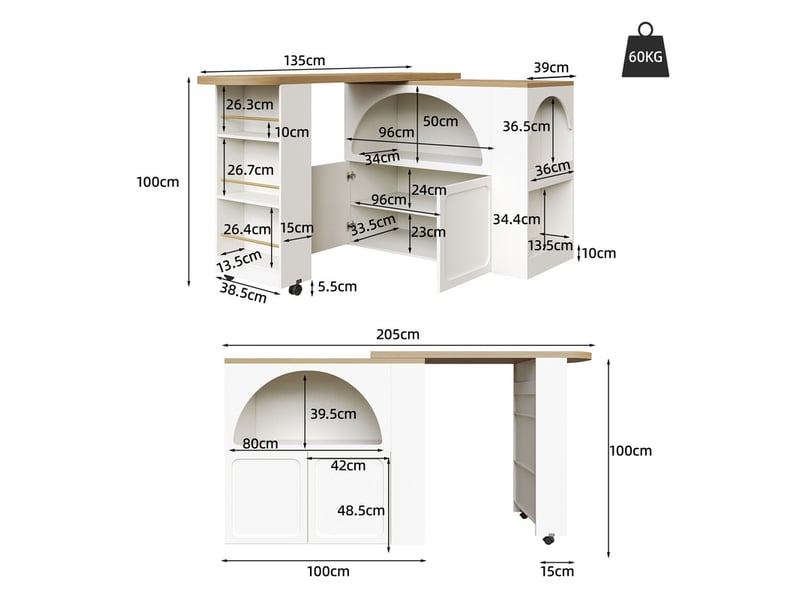 Buffet de cuisine, mobile table de bar extensible 135-205×39×100cm avec led, porte bombée,blanc  - Conforama C