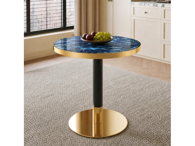  Guéridon rond ø60 cm bleu effet marbre, pied central en métal noir et doré  - Conforama B