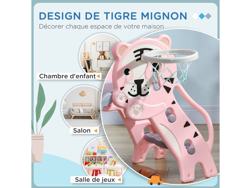 Toboggan pour enfants, toboggan intérieur pour enfants, avec panier de basket, thème tigre, de 18 à 36 mois, rose - Conforama E