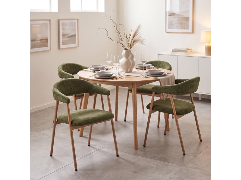  Chaises de salle à manger lot de 4 rembourrée en chenille, pieds en métal effet bois, vert  - Conforama B