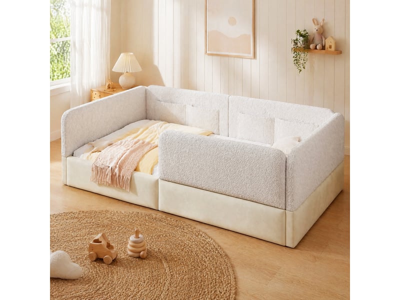  Modenvie lit plateforme capitonné 90x200 cm - avec barrières et poches de rangement - pour chambre d'enfant - blanc  - Conforama B