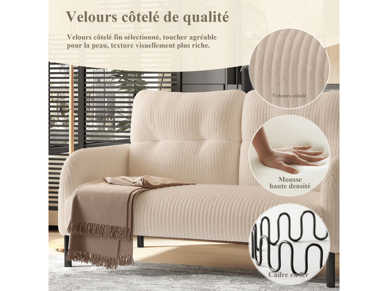  Canapé droit 2 places en velours côtelé beige 120 x 75 x 79 cm avec poches latérales, salon bureau chambre 120x75x79cm - Conforama E