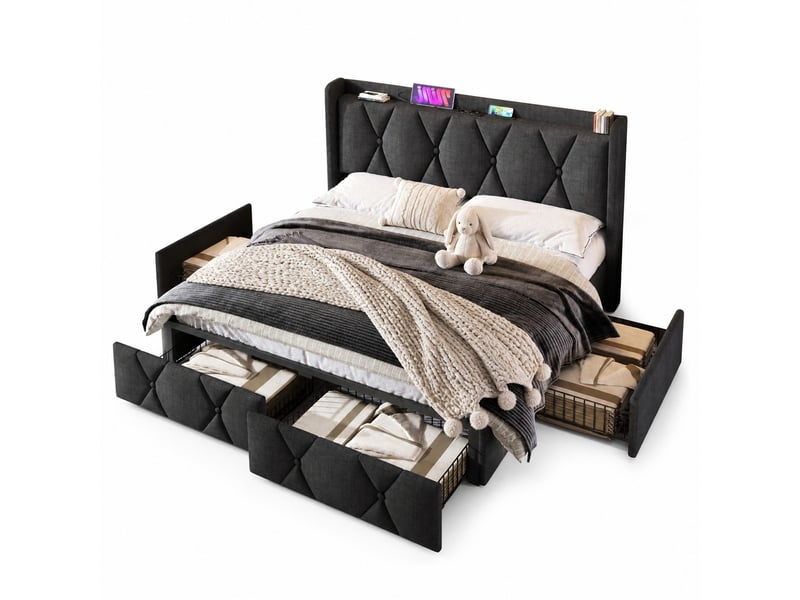 Lit double 160x200 cm avec 4 tiroirs, prises et ports usb, en lin gris - Conforama A