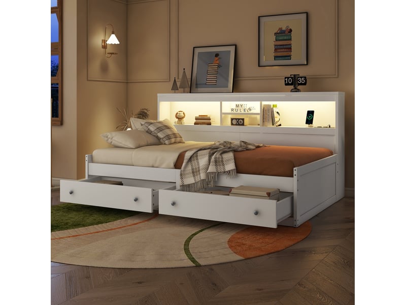 Lit de jour 90 x 200 cm avec 2 tiroirs, led, usb, prises et sommier à lattes blanc - Conforama E