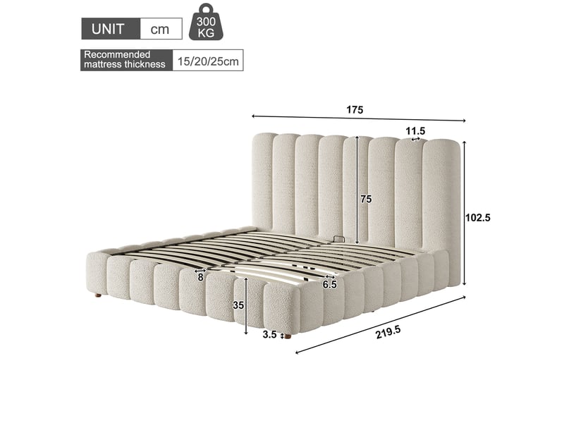  Lit rembourré, lit double, 160 x 200 cm, lit fonctionnel hydraulique, sommier à lattes, tête de lit et grand espace de rangement, tête de lit rembourrée, bouclé blanc  - Conforama C