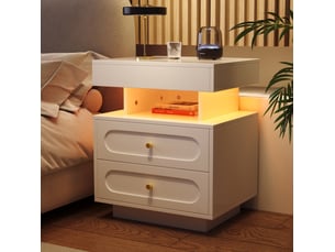 Table de chevet led avec 2 tiroirs et niche ouverte 50 x 40 x 60 cm blanche cravdom
