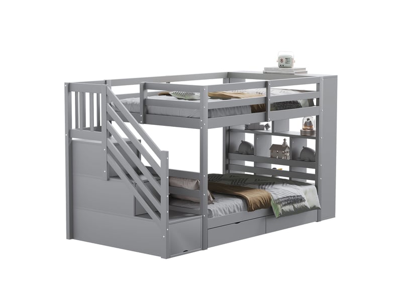  Lit superposé, 90x200 cm, avec escalier de sécurité, solutions de rangement, matelas non inclus, bois, coloris gris  - Conforama A