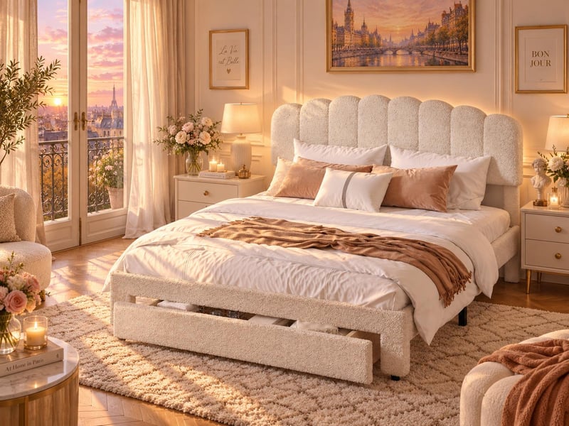  Lit 2 places 160 x 200 cm,beige - avec tiroirs, tête de lit ondulée et port usb  - Conforama B
