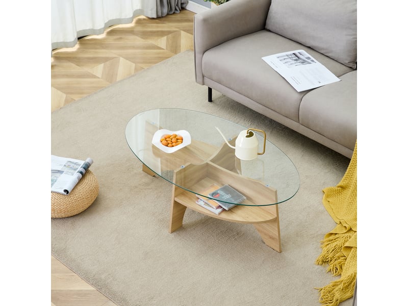  Table basse ovale avec plateau en verre sécurisé et étagère - lpospi - structure en mdf, transparent bois clair  - Conforama C