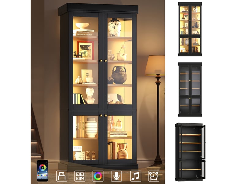 Vitrine haute 80 x 40 x 180 cm - avec led multicolore, portes vitrées, étagères réglables, anti-basculement, noir - Conforama B