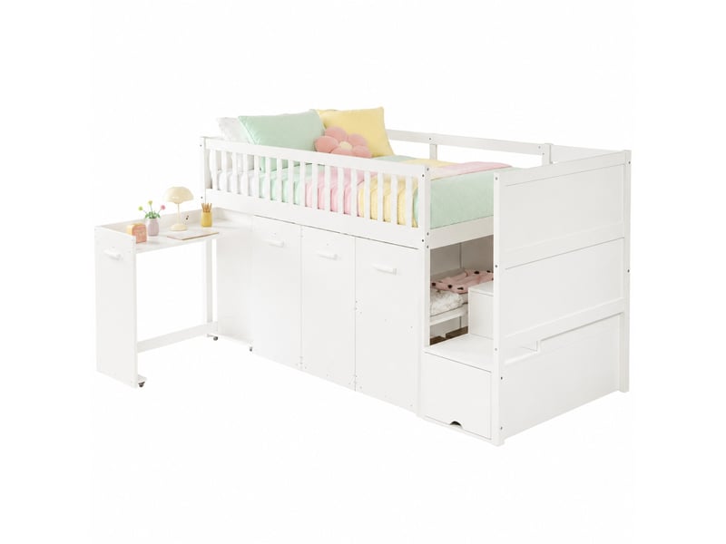  Lit superposé enfant multifonction avec bureau, armoire et rangements, blanc, 90 x 200 cm  - Conforama A