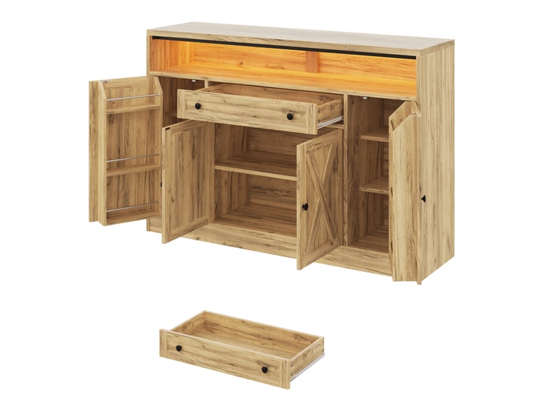 Buffet avec led rgb et avec 4 portes et tiroir, buffet salon 140x35x95 cm en mdf naturel, meubles de rangement - Conforama D