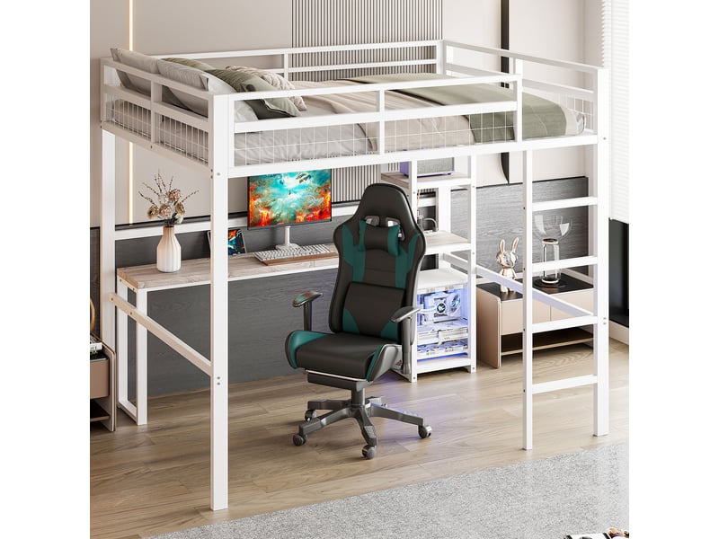  Lit mezzanine 140 x 200cm, blanc, sans matelas, structure métal, bureau et étagères, usb type-c, échelle  - Conforama C