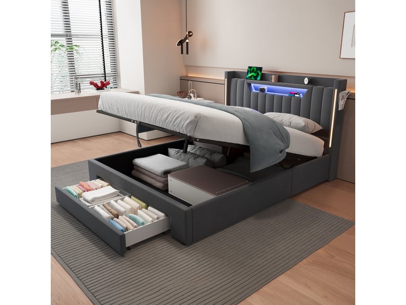  Lit coffre 140x200cm,led,avec fonction de charge et fonction de rangement,gris  - Conforama B