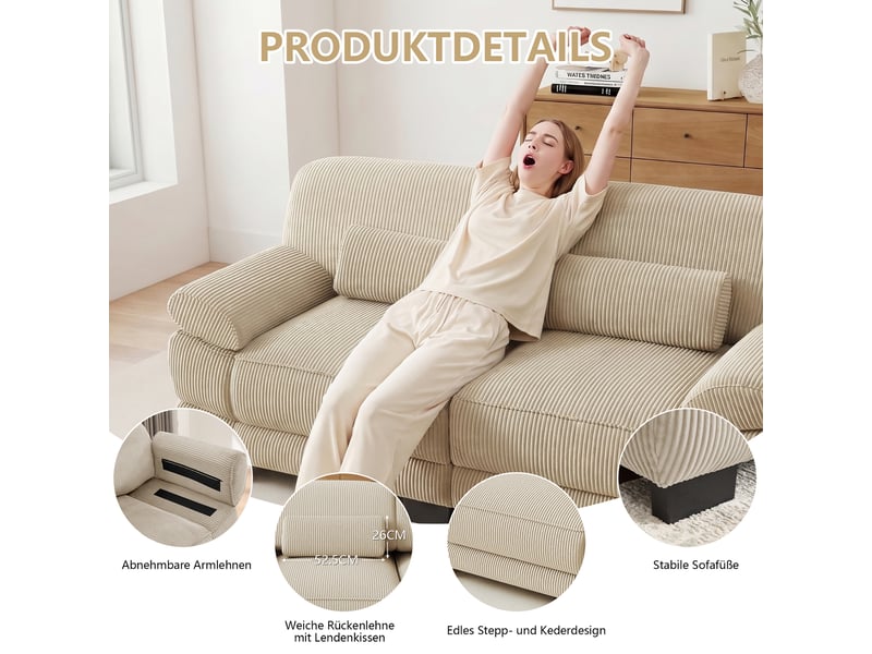 Canapé modulable 3 places en velours côtelé beige, assise profonde, coussin lombaire inclus, 265×88,5×94 cm - Conforama E
