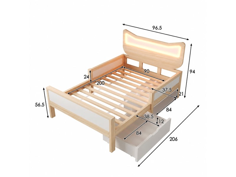  Lit simple 90x200 cm avec éclairage led rgb et rangement, bois, blanc et chêne  - Conforama C