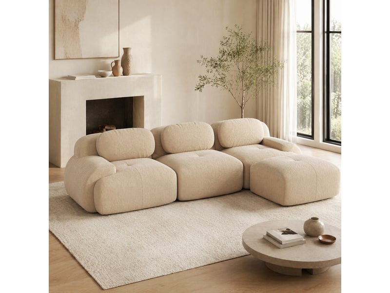 Canapé d'angle modulaire modenvie 3 places sans montage 298 x 178 cm velours côtelé beige - Conforama E