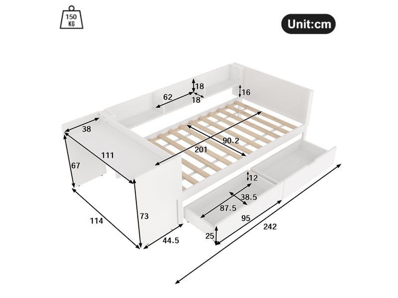  Lit simple 90x200 cm avec bureau, étagères et 2 tiroirs, coloris blanc  - Conforama C
