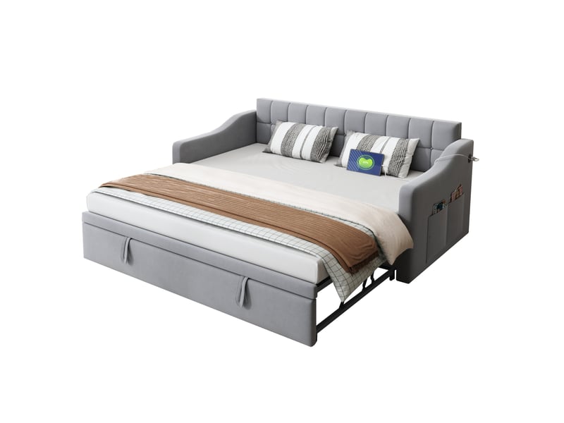  Lit banquette convertible 2 en 1 90 x 190 cm gris clair en velours avec ports usb et poche de rangement  - Conforama A