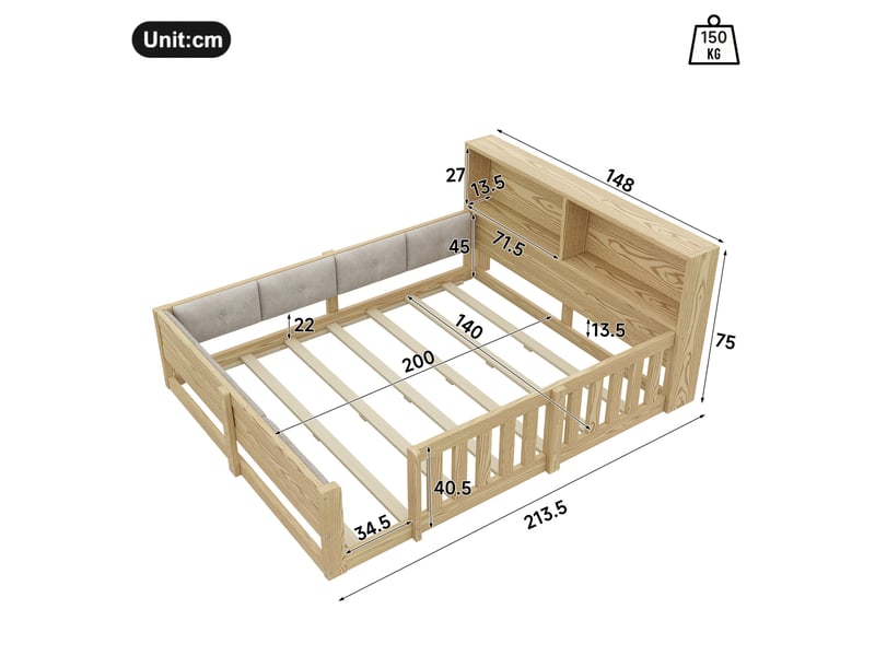  Lit enfant 140 × 200 cm 2 places avec barrières, rangements et led réglable, sans matelas, rembourré, naturel  - Conforama D