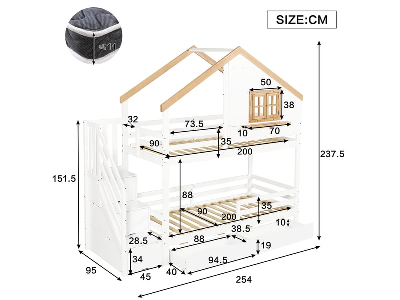  Lit superposé enfant 90x200 cm – blanc et naturel – escalier de rangement, 2 tiroirs et fenêtre ouvrante  - Conforama C