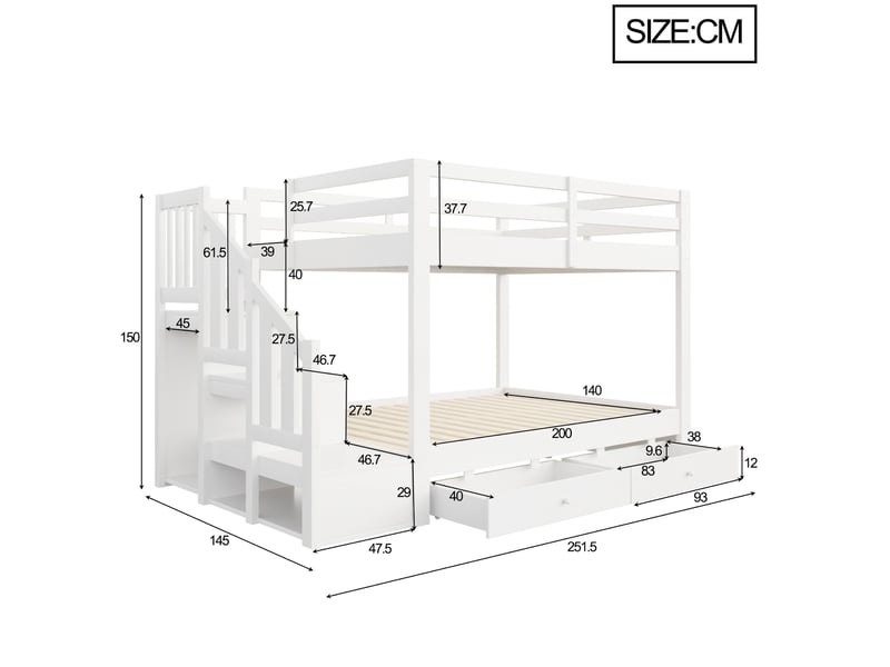  Lit superposé en bois 140 x 200 cm, avec échelle de rangement, portant simple, grille de sécurité et tiroir de rangement, blanc  - Conforama C