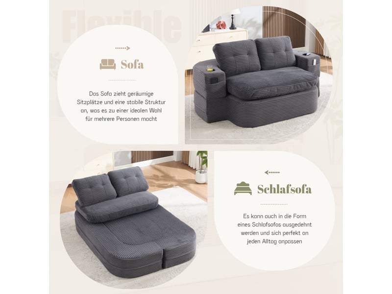  Canapé convertible, canapé-lit – en velours tricoté, accoudoirs réglables, gris foncé, avec accoudoirs, assise profonde, porte-gobelets  - Conforama E
