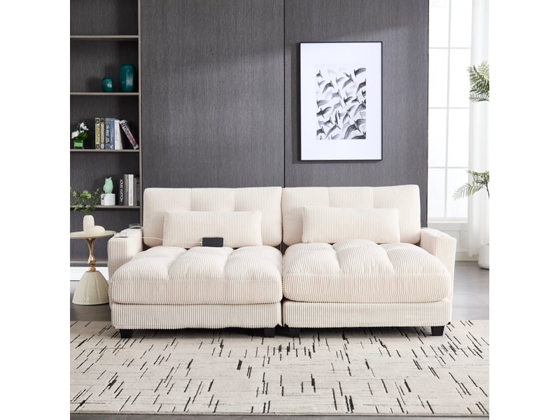  Canapé modulable modenvie 2 places en velours côtelé beige, séparable, 2 coussins, ports usb, 4 porte-gobelets et 4 poches latérales, 224 x 140 x 81 cm  - Conforama D