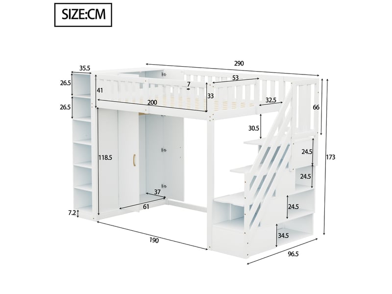  Modenvie lit mezzanine 90x200 cm - avec armoire, etageres et escalier de rangement - pour chambre d'enfant - blanc  - Conforama C