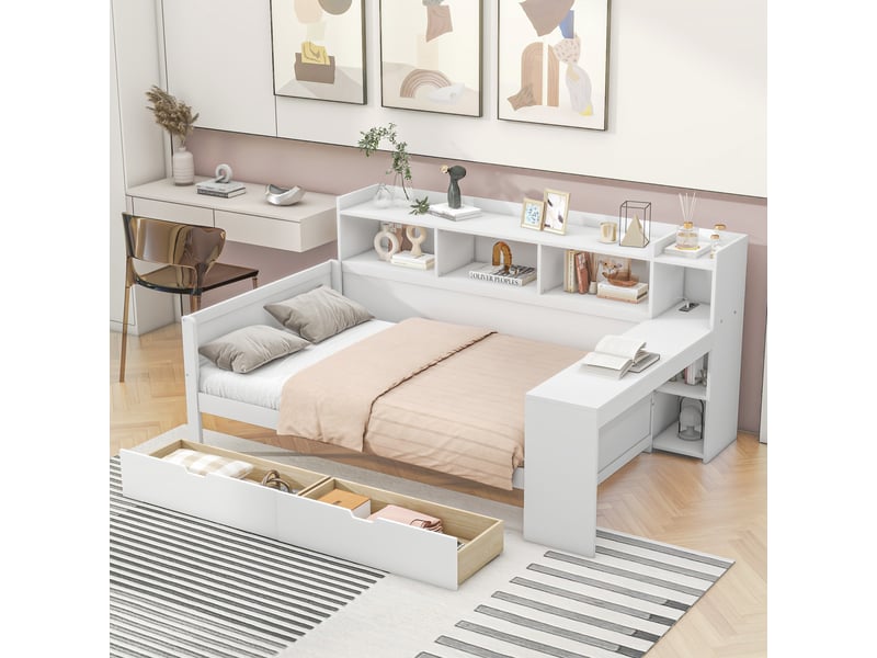  Lit banquette 90x200 cm avec bureau, rangements, 2 tiroirs, prise usb, blanc  - Conforama C
