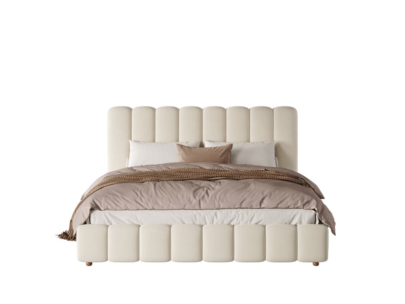 Lit double 160×200 cm avec rangement hydraulique, tête de lit rembourrée, velours beige - Conforama A