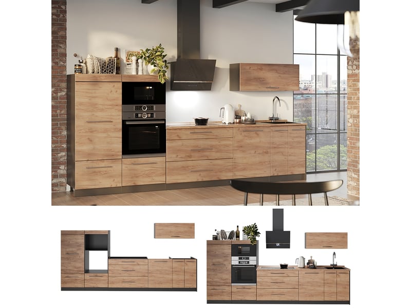 Vicco cuisine, chêne de force doréanthracite, 340cm sans pt - Conforama D