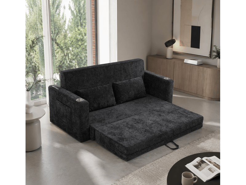  Canapé-lit convertible 2 places modenvie en tissu chenillé noir et gris avec usb, porte-gobelets et poches latérales 153 x 77 x 65 cm  - Conforama B