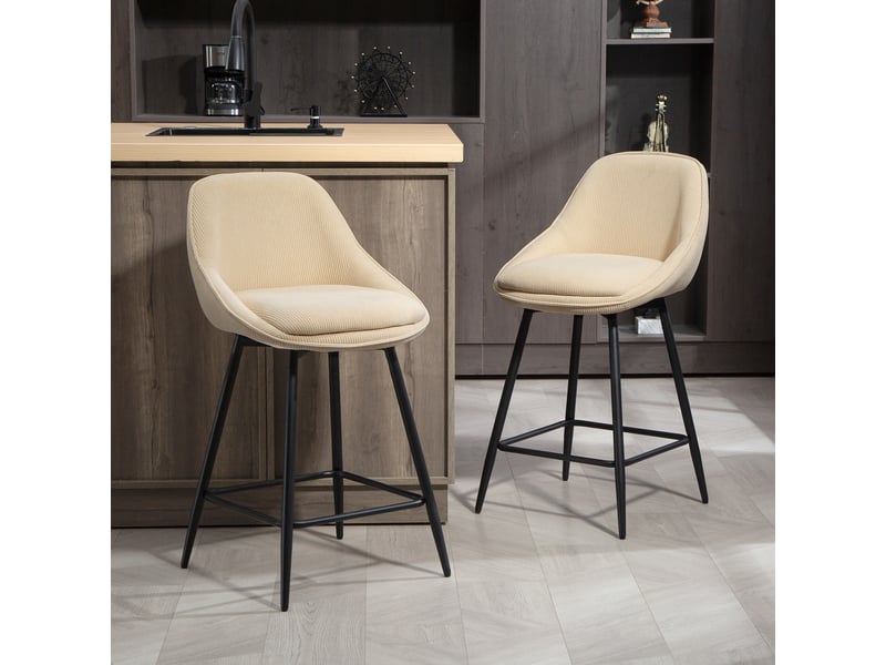  Lot de 2 tabourets de bar en tissu velours côtelé, chaises de bar avec dossier courbé, repose-pieds, 49x52x88cm, beige  - Conforama D