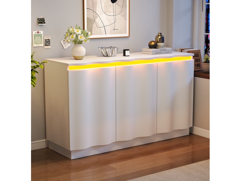  Buffet 120x39.5x69.5 cm à 3 portes avec éclairage led bluetooth, blanc mat  - Conforama B