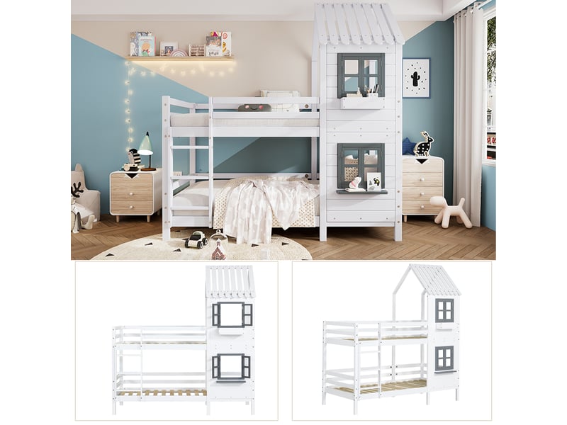 Lit superposé 90x200 cm, lit enfant avec main courante et fenêtre, lit de maison avec protection contre les chutes, pin, blanc - Conforama W