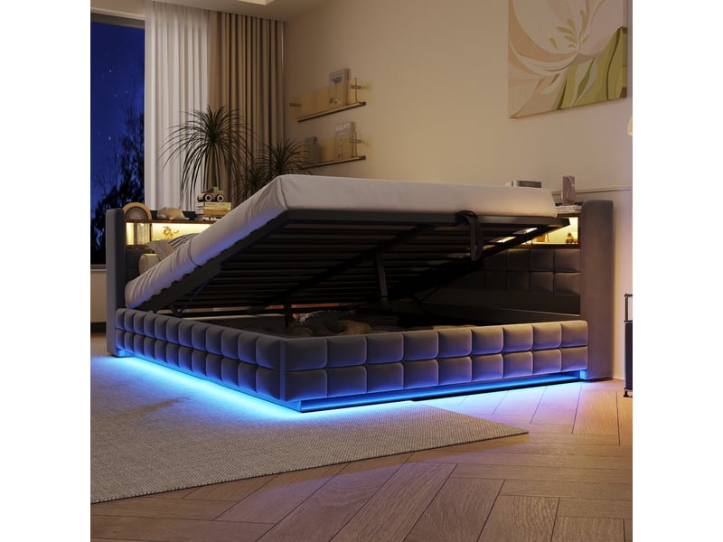  Lit banquette enfant coffre 140 x 200 cm avec led, usb, usb-c, prise et étagères, velours gris foncé Fay Lum - Conforama E