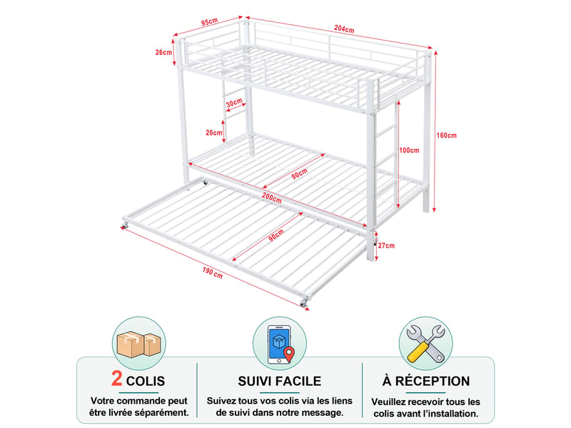  Lit superposé enfant 3 places 90×200 cm et 90×190 cm, avec gigogne et barrières - okmyhome- sans matelas, métal blanc  - Conforama D