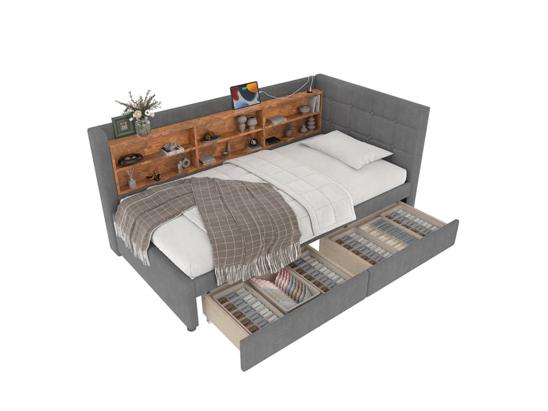  Lit banquette tcqpz 90 x 200 cm avec 2 tiroirs usb type-c rangements tête de lit en lin gris  - Conforama A