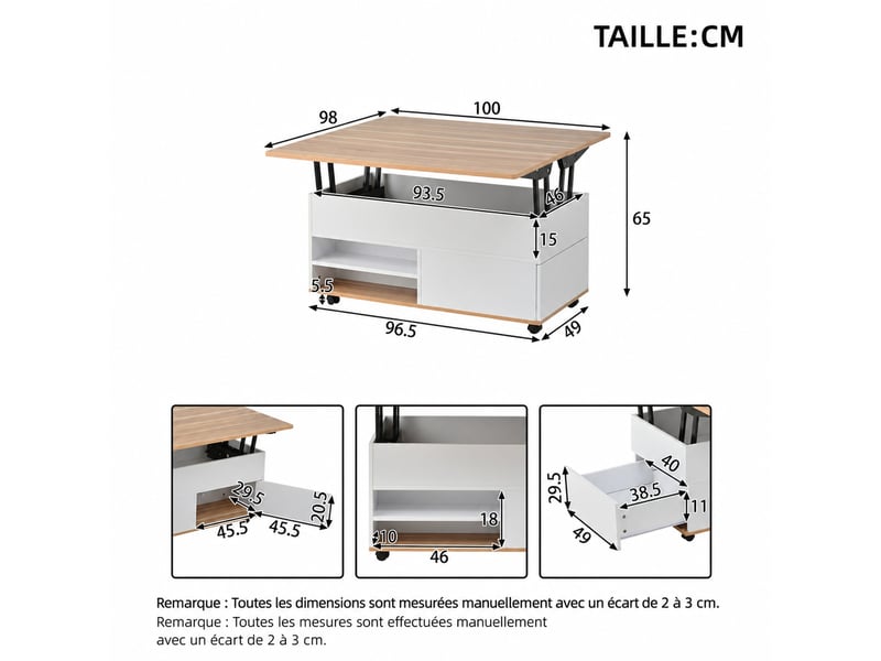 Table basse relevable à roulettes – 100 x 98 x 65 cm – blanc et décor bois naturel  - Conforama D