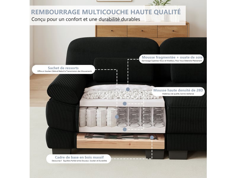 Canapé modulable 4 places modenvie en l avec pouf, assise profonde, velours côtelé noir, 336 x 161 x 94 cm - Conforama E