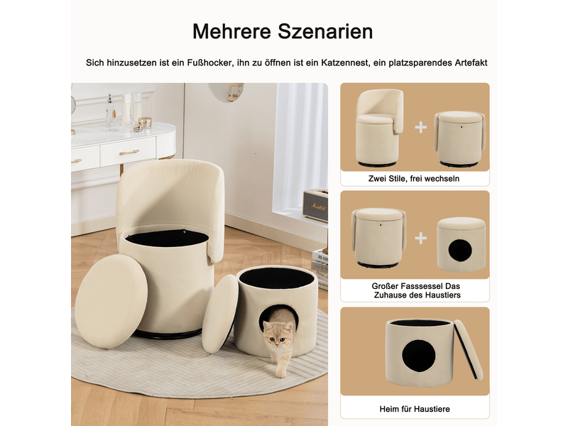  Fauteuil pouf pivotant 360° avec coffre de rangement et couchage  en velours côtelé beige, 53×50×47 cm  - Conforama E