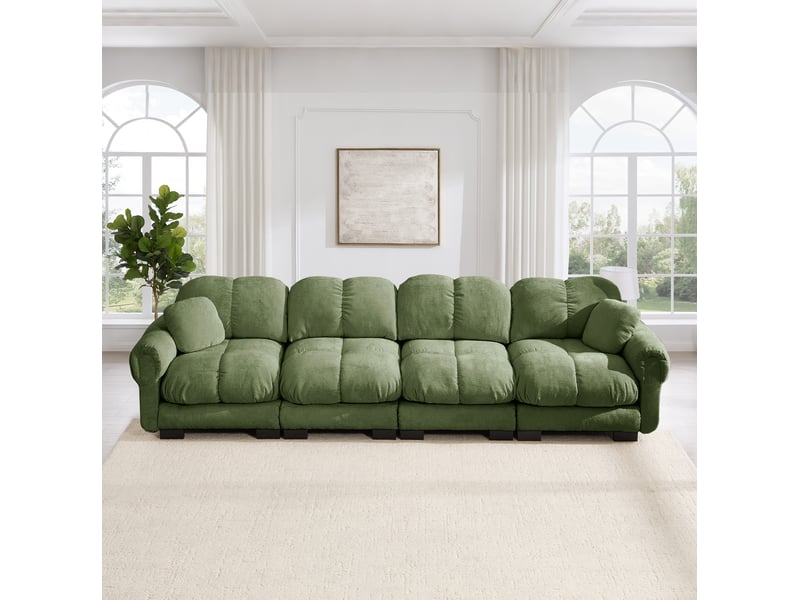 Canapé droit modulable 4 places en tissu vert, accoudoirs élégants et coussins épais pour un confort soutenant - Conforama E