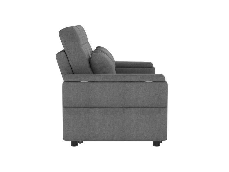  Canapé droit convertible 2 places gris en tissu, rangement aux accoudoirs, dossier réglable et 2 coussins  - Conforama D