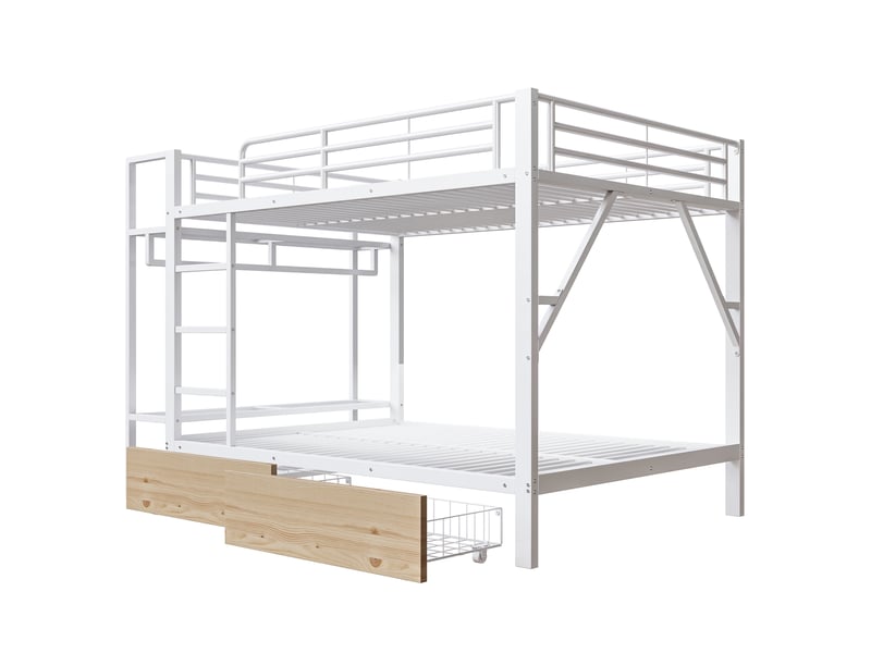  Lit superpose 140x200 cm avec bande lumineuse led et 2 tiroirs, lit 2 personnes en blanc, lit enfant avec tringle à vêtements  - Conforama A