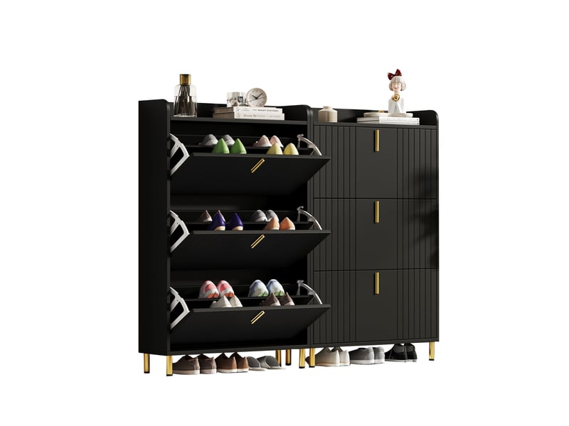  Lot de 2 meubles à chaussures ulevr à 3 abattants, 6 compartiments, étagères réglables, mdf noir mat, 80 x 23,5 x 123,5 cm chacun  - Conforama A
