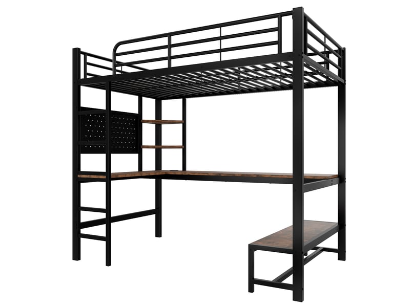 Lit mezzanine avec bureau, led, usb type-c et rangements, métal noir, 90x200 cm, sans matelas - Conforama D