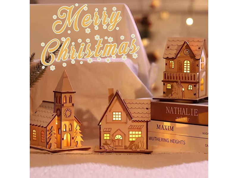  Maison village de noel miniature avec des lumières décoration de table de vacances de noël 3pcs  - Conforama C